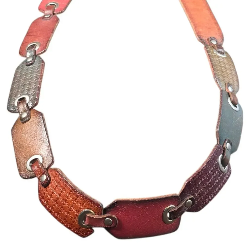 Vintage Fossil Multicolor Leather Link Belt Brass Buckle Boho Western 44